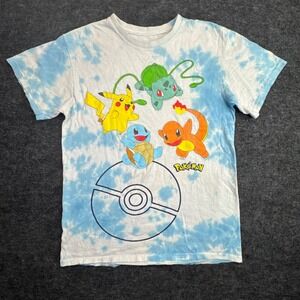 Pokemon T-Shirt Mens‎ Small Blue White Tie Dye Pikachu Bulbasaur Graphic Tee